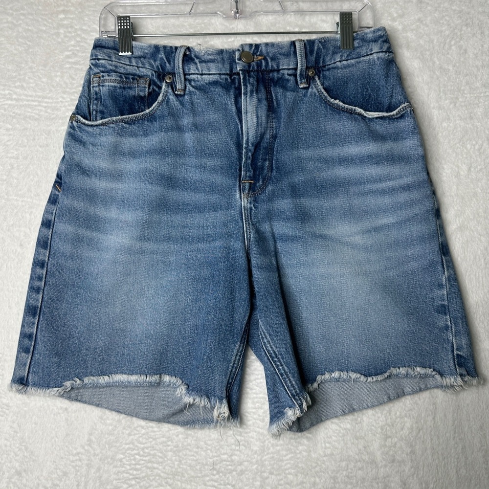Good American Denim Shorts Womens 8/29 Blue Raw Hem Distressed High Rise